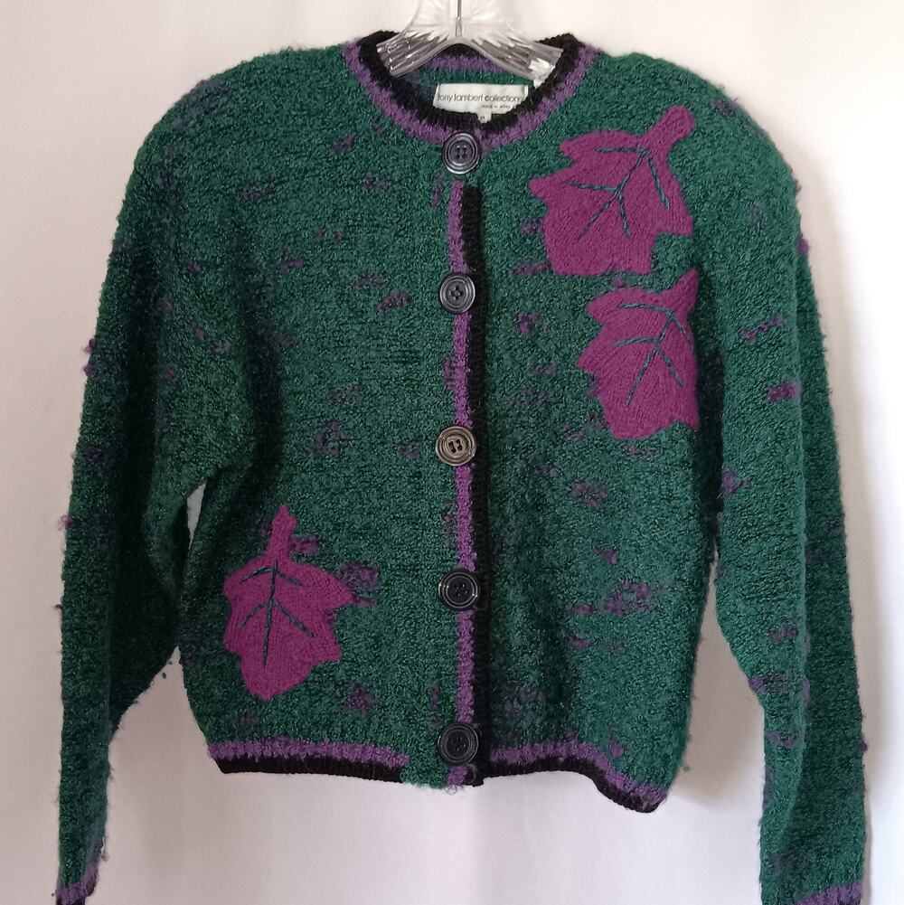 VTG 90s Tony Lambert Knit Cardigan Sweater M Green Purple Leaf Motif Wool Blend